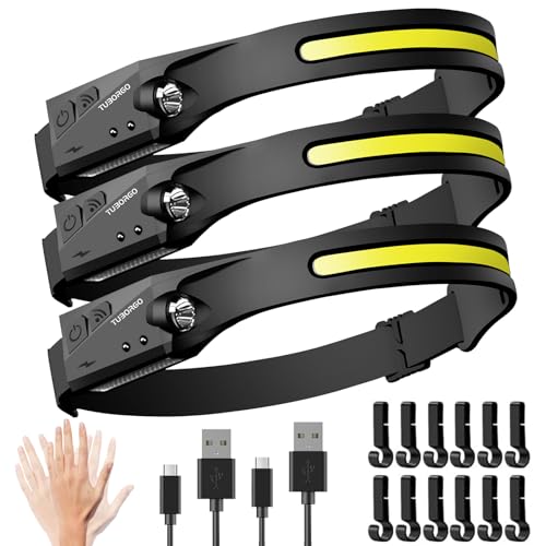 TUBORGO Rechargeable Headlamp 3PCS, 230° Wide Beam Head Lamp, Motion Sensor LED Headlamp Rechargeable, 6 Mode Headlamps for Adults, Bright Head Lights for Forehead, Hard Hat Headlight