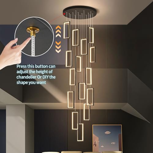 Lámpara de Techo LED Moderna Regulable para techos Altos, 12/15/18 Luces, Ajustable, 300 cm, con Mando a Distancia - Elegante luminaria para escaleras y vestíbulos (Negro, 215 W)