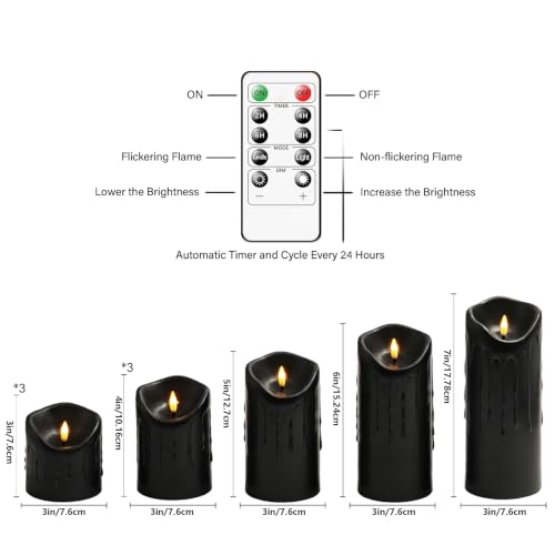 Image of Nimiko Flameless Candles with Remote, Battery Operated Flickering Flameless Candles, LED Candles with Timer 2 /4 /6 /8H, Realistic Drop Wax flameless Candle Set of 9 (D3 x H 3 inch 4 inch 5 inch 6 inch 7 inch) (Black)
