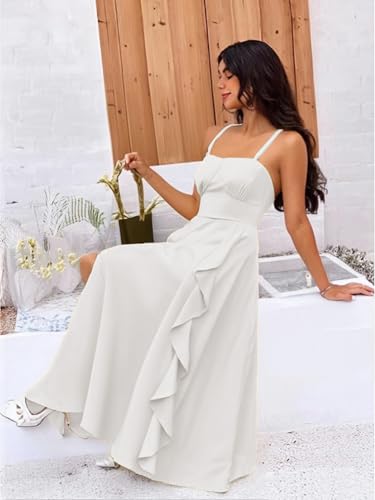 Image of Belle Poque White Midi Dress Elegant Sleeveless Empire Waist Graduation Cocktail Formal Dress with Ruffles L