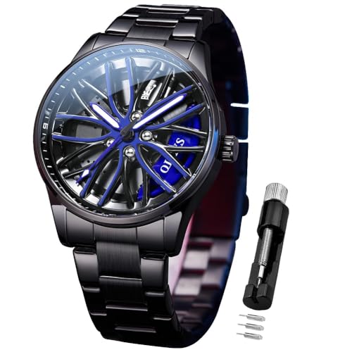 OLEVS Herrenuhren Drehende Auto-Rad Quarzuhren Modischer Sport Edelstahl Herrenarmbanduhr Leuchtend Wasserdicht für Männer