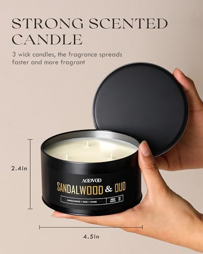 Image of AOOVOO Sandalwood Oud Candles for Men - 3 Wick 12oz Black Scented Candle | Long Lasting Soy Candles for Home Scented, Masculine Candle Gift for Father Day, Women & Men, Non Toxic, Large