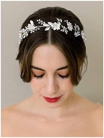 SWEETV Handmade Bridal Headband Silver Wedding Hair Accessories for Brides Hair Pieces Floral Wedding Headpieces for Flower Girl Bridesmaid