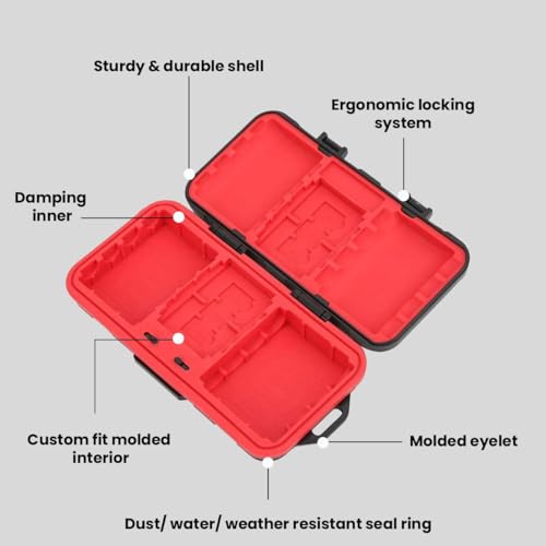 Image of Camera Battery Memory Card Case, Professional Water-Resistant Anti-Shock Holder for 2 Camera Batteries, 4 SD Cards, 6 TF Cards, 2 CF Cards or 2 XQDs (Color - Red and Black)