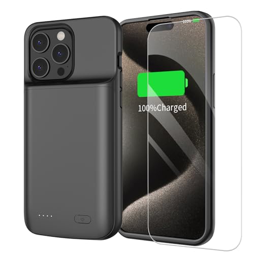 FLSTOR 8500mAh Rechargeable Battery Case for iPhone 15 Pro Max, Convenient Charging Case Extra Battery Life for iPhone 15 Pro Max 6.7 inch, Includes Screen Protector, Black