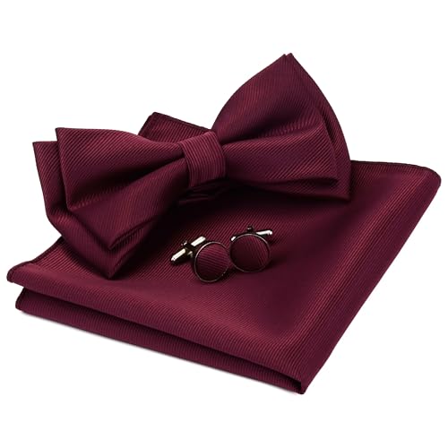 Burgundy Bow Tie Pre-tied Adjustable Wine Red Bow Ties and Pocket Square Cufflink Sets (0577-06)