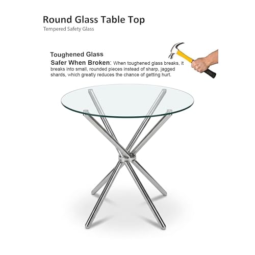Image of Round Glass Dining Table 30 Inch Diameter with 10 mm Toughened Clear Glass Top Folding Stainless Steel Grade 202 Frame Compact Space Saving Table for Kitchen Dining Room Balcony Cafe (Steel finish)