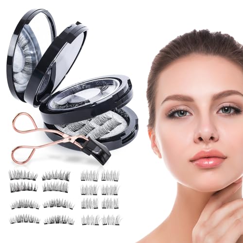 Pestañas Postizas Magnéticas, 8 Pares 3 Capas Reutilizables Pestañas Magnéticas Aspecto Natural sin Delineador de Ojos, Kit de Extensión de Pestañas Postizas Dual 3D 5D Mejorado con Pinzas Aplicadoras
