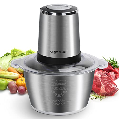 Aigostar 8-Cup Food Processor, Electric Food Chopper with 1.8L Stainless Steel Bowl for Garlic, Meat, Vegetables, Fruits and Nuts, Onion Chopper for Dicing, Mincing, and Puree, 300W