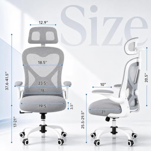 Image of Ergonomic Office Chair for Long Hours and Back Pain Relief, Space-Saving Design with Adjustable Lumbar Support, Flip-Up Arms, 3D Headrest, Tilt & Rock, 330 LBS, Gray /Sliver