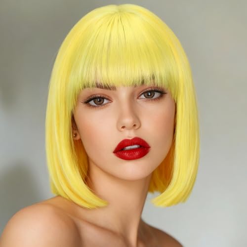 Svolna Yellow Short Bob Wig with Bangs Synthetic Straight Hair Wigs for Women 14 Inch Cosplay Costume Bob Wig (Yellow)
