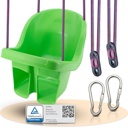 Babyschaukel Outdoor kippsicher vom TÜV Rheinland geprüft - Baby Schaukel Outdoor und Indoor, wasserfest und stabil. - Babyschaukel mit 2xKarabiner zum Aufhängen.