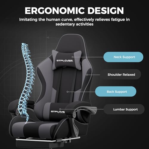 GTPLAYER Gaming Chair, Computer Chair with Footrest and Lumbar Support, Height Adjustable Game Chair with 360°-Swivel Seat and Headrest and for Office or Gaming (Darkgray, Fabric)