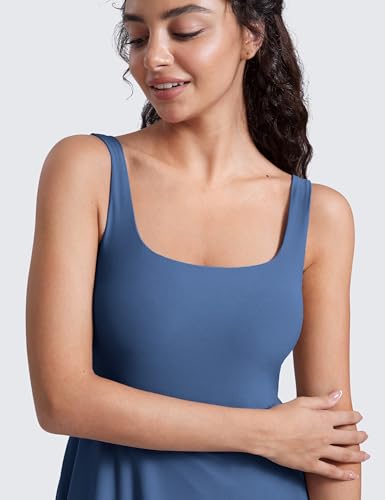Image of CRZ YOGA Cloudweight Double Lined Square Neck Midi Dresses for Women Casual Summer Sleeveless Outfits with Side Pockets