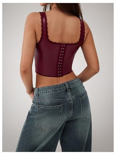 Floerns Women's Leather Sleeveless Crop Cami Top Asymmetrical Hem Retro Corset Top2