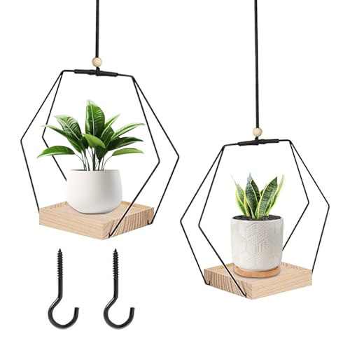2 stuck Blumenampel Blumentopf Hängend Indoor/Outdoor - Metall Hängetopf mit Holzsockel,Pflanzenampel mit 80cm Verstellbare Baumwollschnur,Wetterfester Blumentopf für Zimmerpflanzen,Sukkulenten & Deko