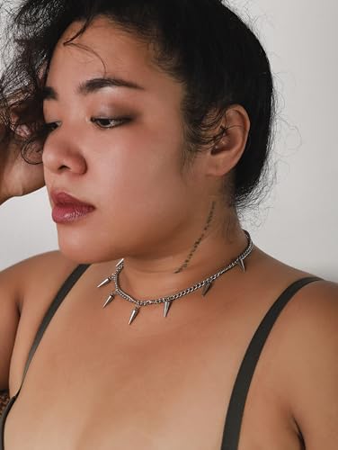 Sacina Silver-tone Chunky Chain Spike Necklace, Grunge Necklaces, Punk Necklace, Gothic Goth Necklace, Emo Necklace, Christmas New Year Jewelry Gift For Women3