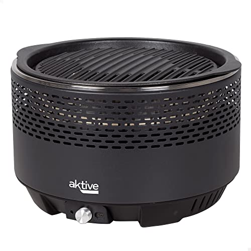 Aktive - Barbacoa Portátil a carbón recargable a pilas sin Humo Negra, Protección antigoteo, Medidas Ø34x24,5cm, Incluye bolsa de transporte, Hornea en la parte interior, parrilla (63002)