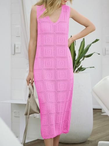 Vestido de ganchillo sin mangas calado cuello en V con caída fluida midi 2