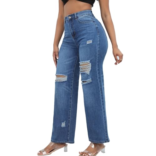 Women Stretchy Distressed Wide Leg Jeans Ripped Mom Baggy Straight Boyfriend Trendy Trouser Denim Pants for Women2