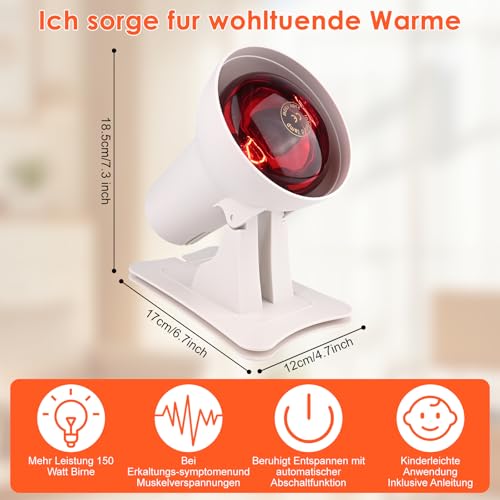 Gaethra Infrarotlampe 150W mit 4 Temperaturstufen & 3 Timer, Einstellbarer Winkel, Tiefenwärme Gegen Muskelermüdung, Rotlichtlampe Wärmelampe Therapie für Gesicht & Körper