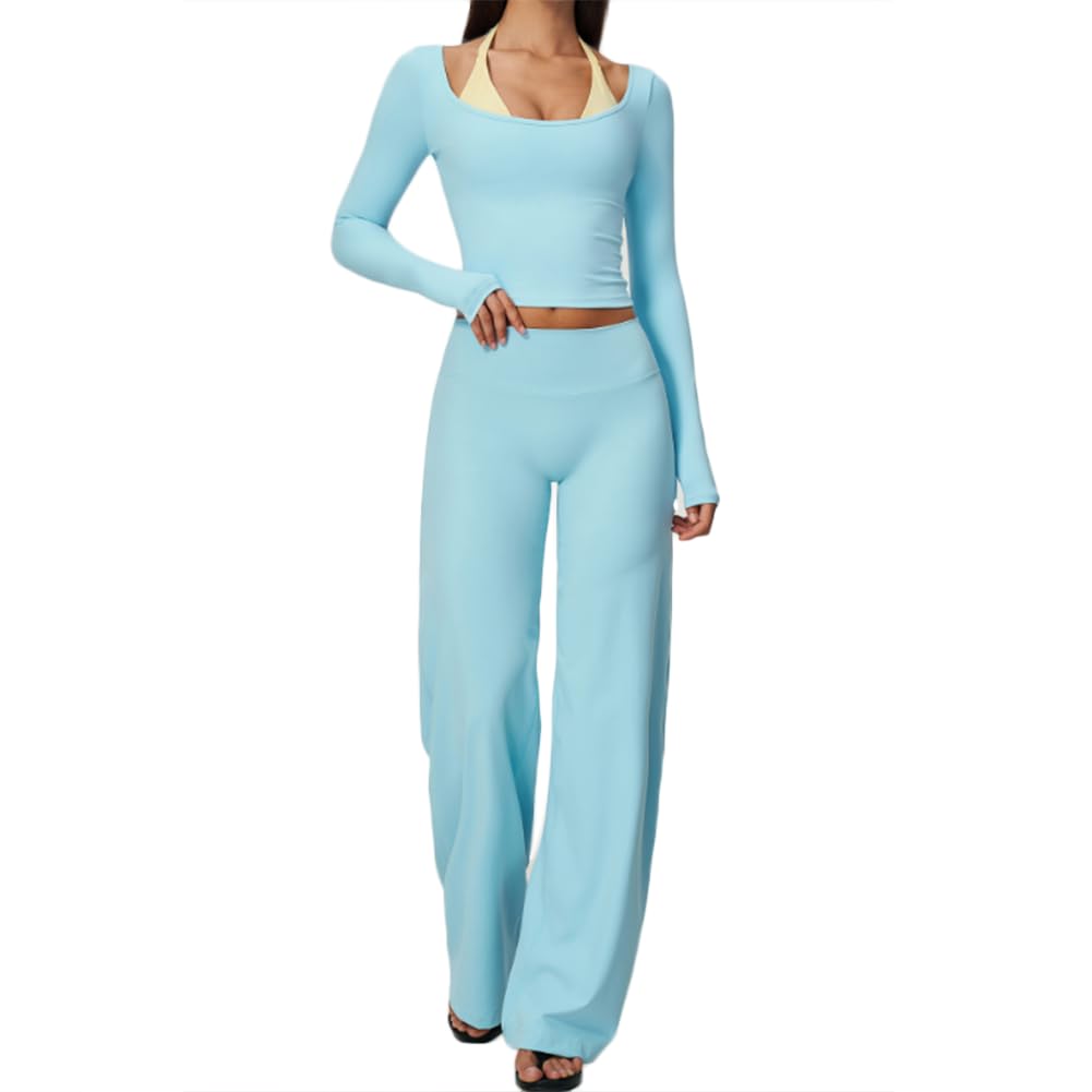 Top maniche lunghe scollo U e pantaloni yoga gamba larga a vita alta