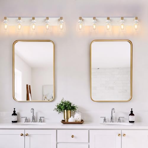 Image of Farmhouse 5-Light Wood Bathroom Vanity Light, White Metal Cage Shade | Mounted Over Mirror, Industrial Rustic Style, Ideal for Bathroom, Bedroom, Hallway & Living Room, Easy To Install