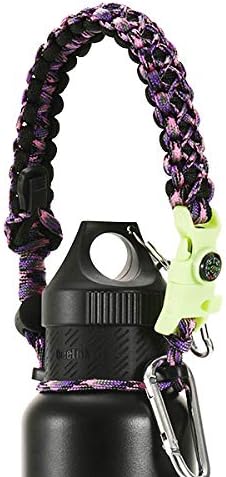 QeeLink Paracord Hande Compatible with Hydro Flask Standard Mouth Water Bottle Carrier with Safety Ring Holder | Simple Modern Ascent | Vmini Cell Strap - 12 oz, 18oz, 21 oz, 24 oz