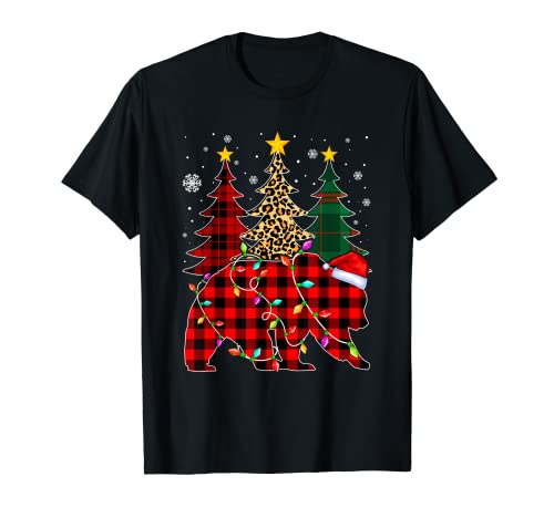 Funny Panda Bear Christmas Tree Lights Xmas Plaid Santa Hat T-Shirt