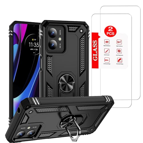 Image of for Motorola Moto G14 Case with [2 Pack] Tempered Glass Screen Protector, for Moto G14 Case Heavy Duty Armor [Military-Grade] Protective，with Magnetic Stand Cover Black