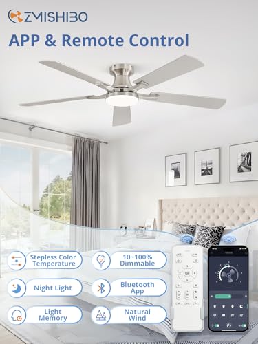 Image of ZMISHIBO 52 Inch Ceiling Fan with Light, App&Remote Control, Flush Mount Low Profile, Dimmable 20W LED Light, Quiet Reversible Motor for Bedroom, Living Room, Apartment, Nickel
