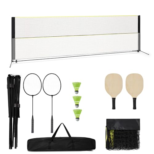 16.8FT Portable Badminton Net with Carry Bag, Height Adjustable Volleyball Net 3.5-5Ft, Complete Pickleball Set with Badminton Rackets, Shuttlecocks, Pickleball Paddles, for Indoor Outdoor Use