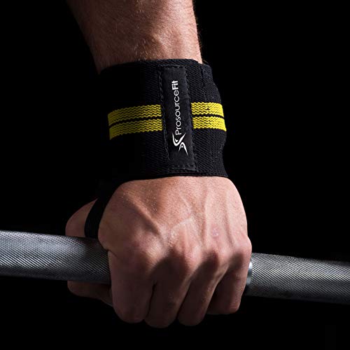 Image of ProsourceFit Pair of Barbell Weight Lifting Wrist Wraps Support with Thumb Loop, Yellow