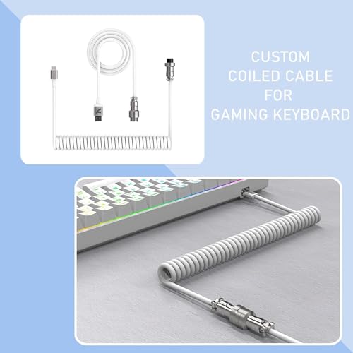 Image of C04 2 in 1 Custom Coiled USB C Cable for Gaming Keyboard-Detachable Double Sleeve Spiral Cable with 5 Pin Aviator Connector for PS4,Xbox-USB A To Type C&Type C To Type C(1.62+3.28inch)-White