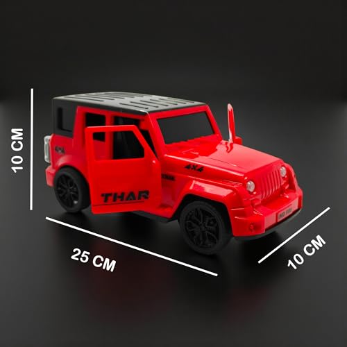 Image of The Flyers Bay 1:16 Scale Remote Control Thar Jeep 4x4 with Lights, Music, and Openable Doors | Built-in Arjan Valley Song | Rechargeable Off-Road SUV Car Toy for Kids (Thar Red)