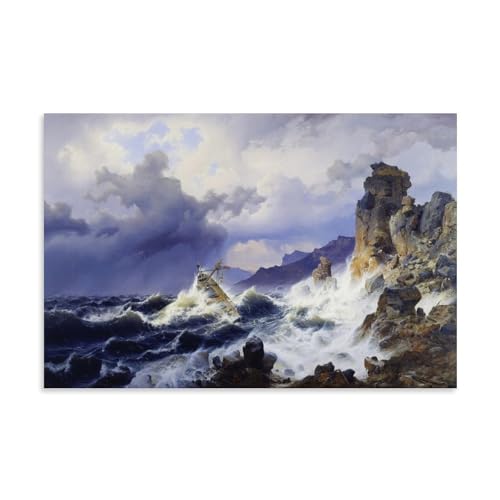 Andreas Achenbach Storm on The Sea Tableau Norvège Déco Murale Toile Marine 61x91
