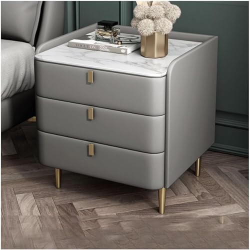Mesas de noche, mesa de noche moderna de mediados de siglo, mesa de noche de cuero, mesa de mármol, mesa lateral de piedra sinterizada, madera de 3 cajones, gabinete de dormitorio, gris, gris Beauty
