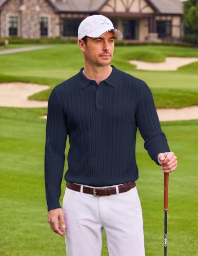 Camisetas Polo de Manga Larga para Hombre COOFANDY, suaves y ligeras, tejido texturizado, cuello ribeteado, ajuste slim, estilo casual y elegante miniatura 3