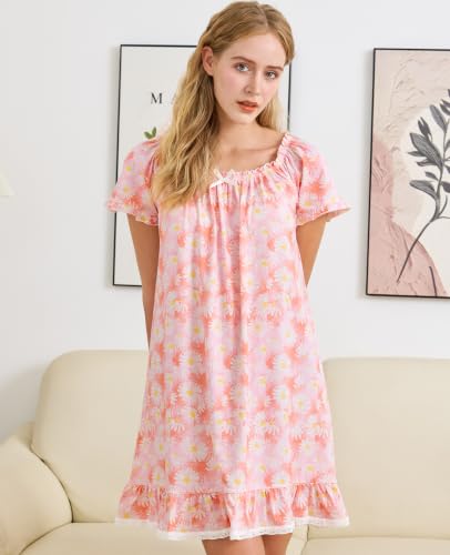 Image of Nanxson Women's Cotton Nightgown Short Sleeve Sleepwear Vintage Nightshirt | Summer Victorian Sleepdress,White Sleepshirt,U Neck Lace Loungewear,Soft Nightshirt,Loose Loungedress,Bride Nightwear