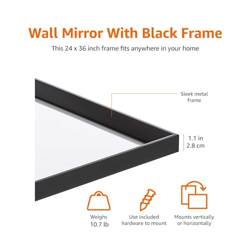 Image of Amazon Basics Rectangular Wall Mount Mirror for Bedroom, Bathroom, Living Room, Entryway, 24 inch x 36 inch, Peaked Trim, Black, Hangs Horizontally or Vertically