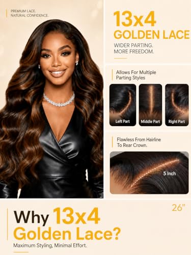 Image of Sunber Balayage Brown Body Wave Wig Human Hair 180% Density Highlight 13x4 HD Lace Front Glueless Wig Pre Cut Lace Pre Plucked Bleached Knots Invisi Drawstring Wear and Go Loose Wave Wigs 22inch