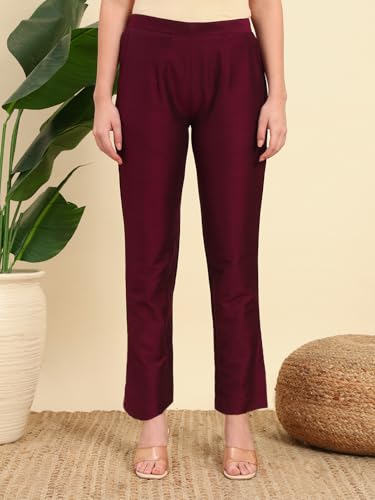 Image of Vogaan Women's Cotton Silk Pant | Half-Elasticated Waist Slim Fit Trouser for Women | Casual Pocket Pants for Office Formal Daily Use