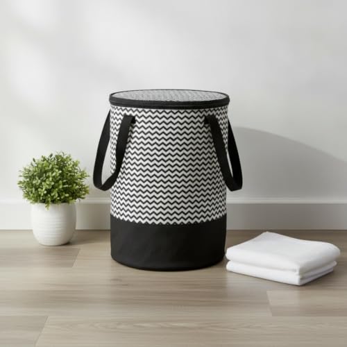 Image of Large Collapsible Laundry Hamper, 45L Capacity, Zip-Top Lid & Carry Handles, Space-Saving Foldable Design, Black