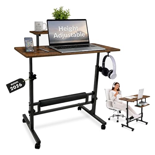 Image of Small Rolling Desk with Wheels, Adjustable Height 27 inch-43.3 inch Portable Standing Desk, 31.5 inchx15.7 inch Tabletop, Mobile Laptop Computer Table for Home Office Workstation, Rustic Brown