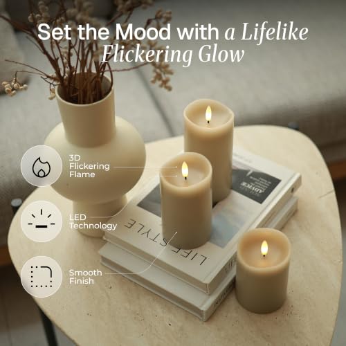 Image of Beige LED Real Tan‑Wax Flameless Battery‑Operated Pillar Flickering Candles