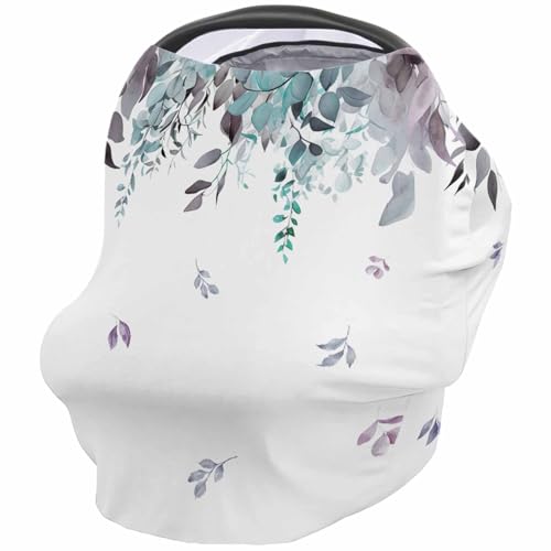 Nursing Cover for Breastfeeding Scarf, Teal Eucalyptus Leaves Baby Car Covers Super Soft Multi Use for Canopy Shopping Cart Cover Blanket Stroller Cover