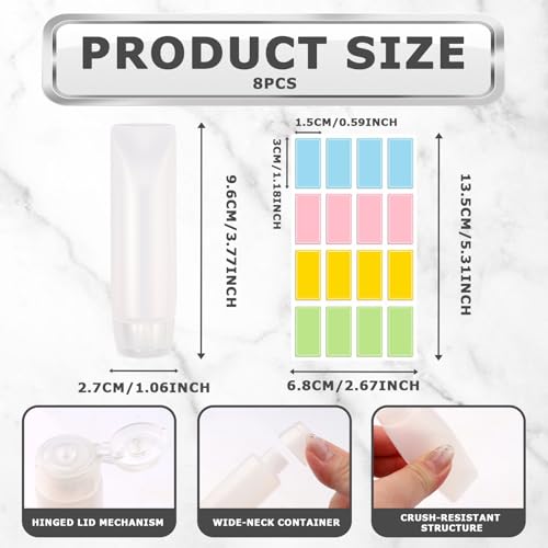 12PCS Travel Kit - 8 Pcs Travel Size Toothpaste Tubes 1 oz, Refillable Squeeze Bottles with 4 Funnels & Colorful Labels, Leak Proof Portable Containers for Lotion, Makeup, Toiletries2