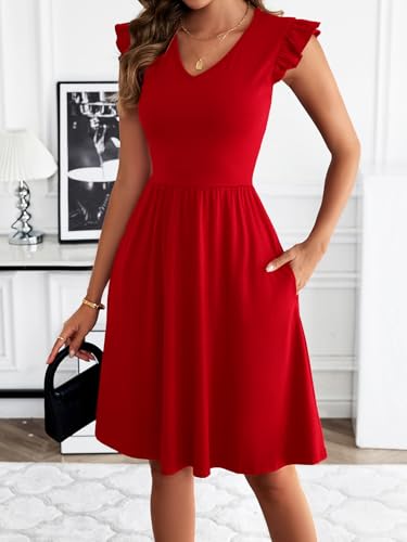 Image of HELYO Women's Summer Dresses Cute V Neck Ruffle Sleeve Cocktail Short Work Casual Dress with Pockets 648