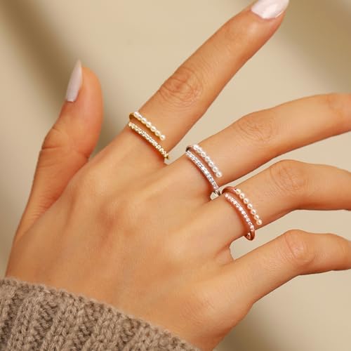 Pearl Rings for Women Dainty 925 Sterling Silver 14K Gold Plated Pearl Stackable CZ Open Wrap Rings Fashion Statement Wedding Band Ring Christmas Birthday Summer Ocean Jewelry Gift for Her4