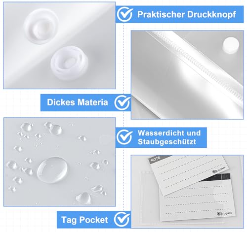 Dokumententasche DIN A5 48 Stück, Mappe A5 mit Druckknopf Transparent Umschlagmappe A5 mit Etikettentasche für Rechnungen, Quittungen, Dokumente Organisieren